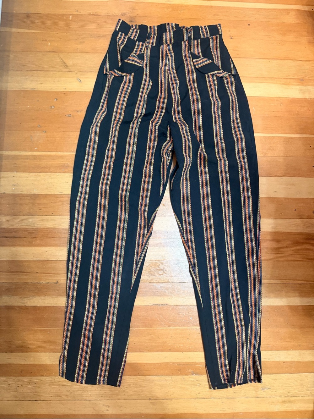 Freddies of Pinewood High-Waist Striped Pants - Black with Rust & Cream Stripes
